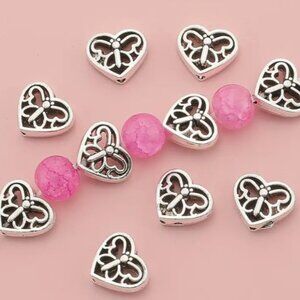 Hollow Heart & Butterfly Spacer Beads, Vintage Texture.  Alloy 10 Beads.